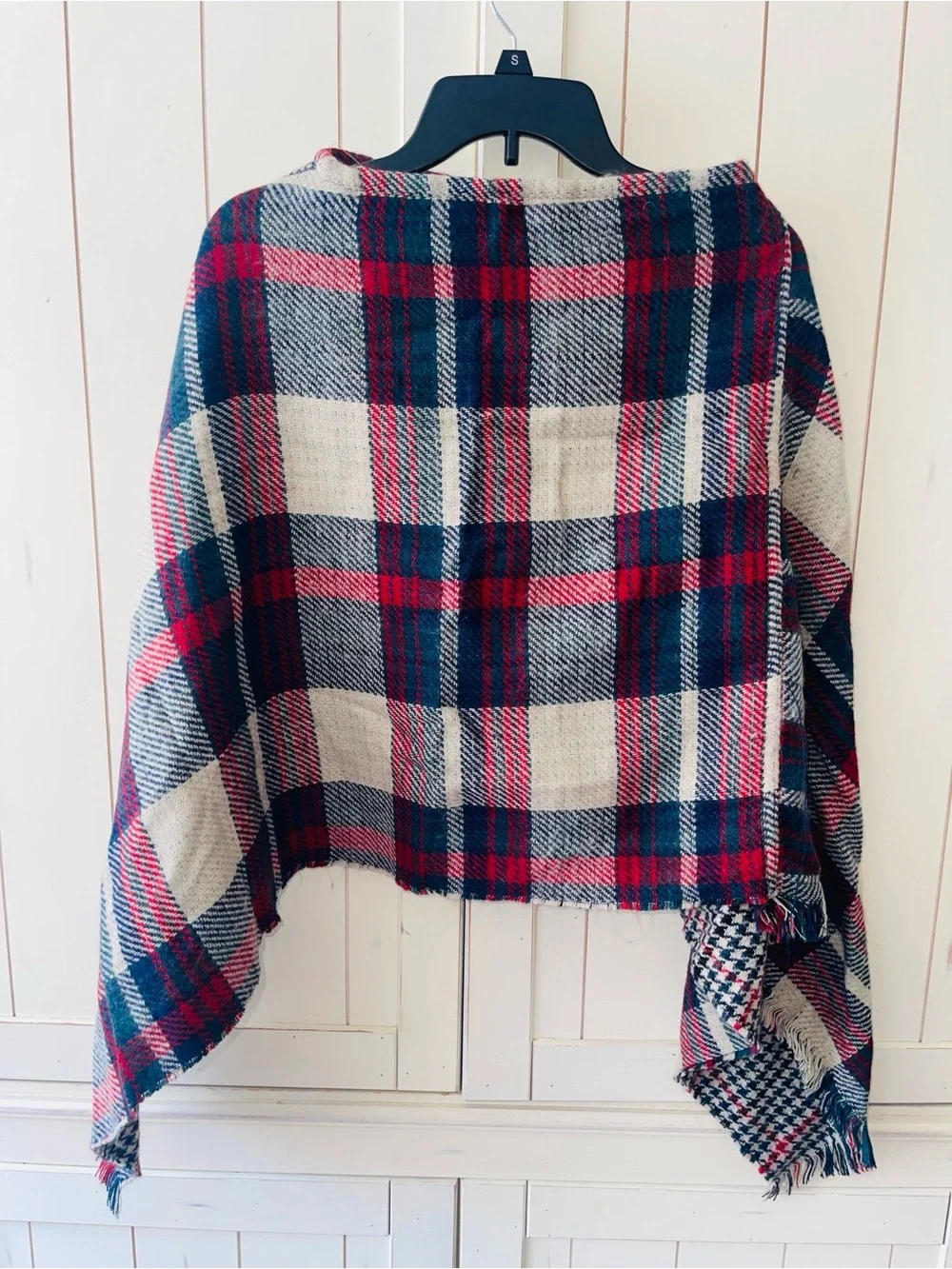 Reversible Plaid Fringe Poncho - Red, Navy & Cream Shawl O/S